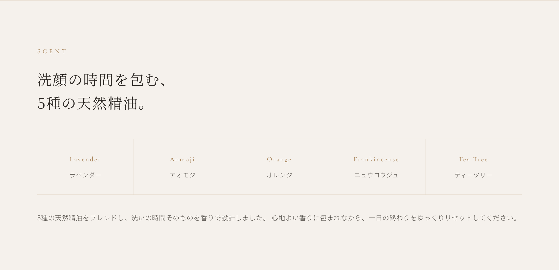 洗顔の時間を包む、5種の天然精油。